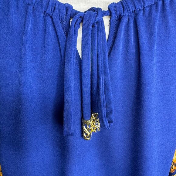 Vintage Cache Blue & Gold Baroque Pattern Cold Shoulder Blouse Size Medium - Picture 4 of 10